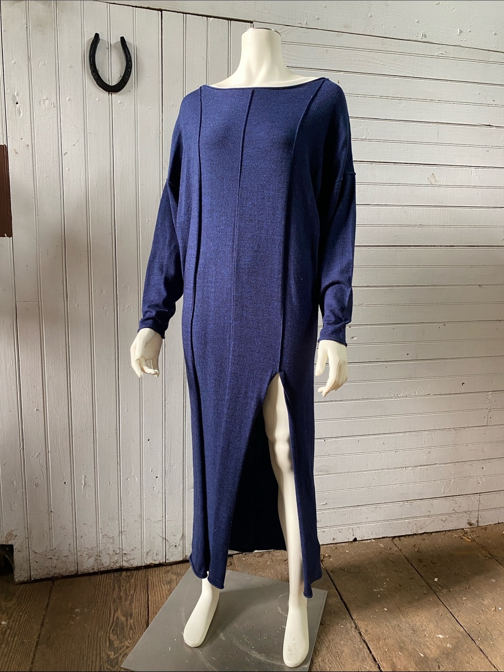 We The Free Navy Long Sleeve Knit Midi Dress with Front Slit